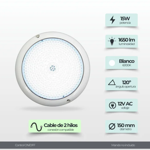 Foco LED piscina blanco 12V AC de superficie Ø15 cm (10 W) | IP68