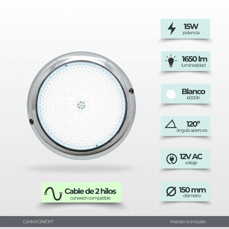 Foco LED piscina blanco 12V AC de superficie Ø15 cm | Acero inoxidable
