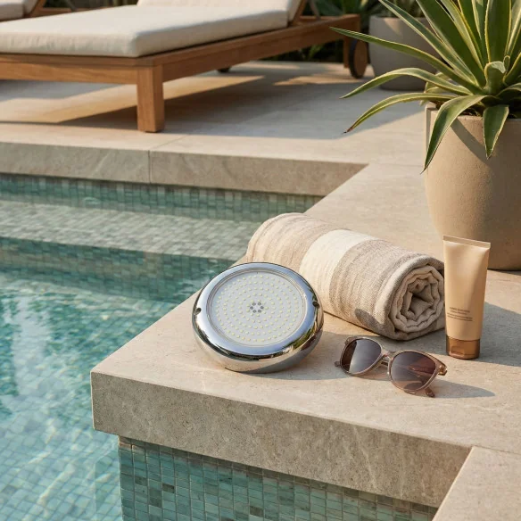 Foco LED piscina blanco 12V AC de superficie Ø15 cm | Acero inoxidable