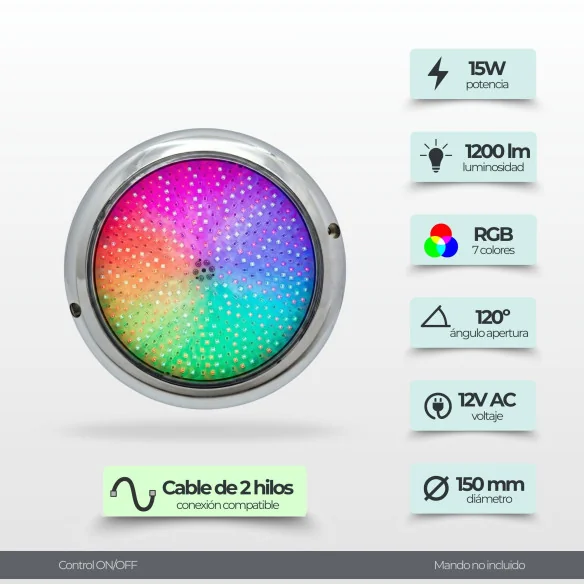 Foco LED piscina RGB ON/OFF 12V AC Ø15 cm | Acero Inox
