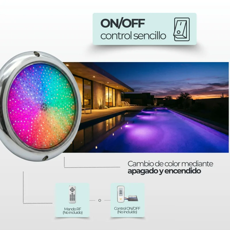 Pool LED RGB ON/OFF 12V AC Ø15 cm | Acier inoxydable