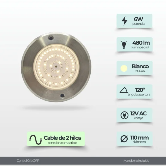 Foco LED Piscina Branco Quente Aço Inoxidável | 6W 12V