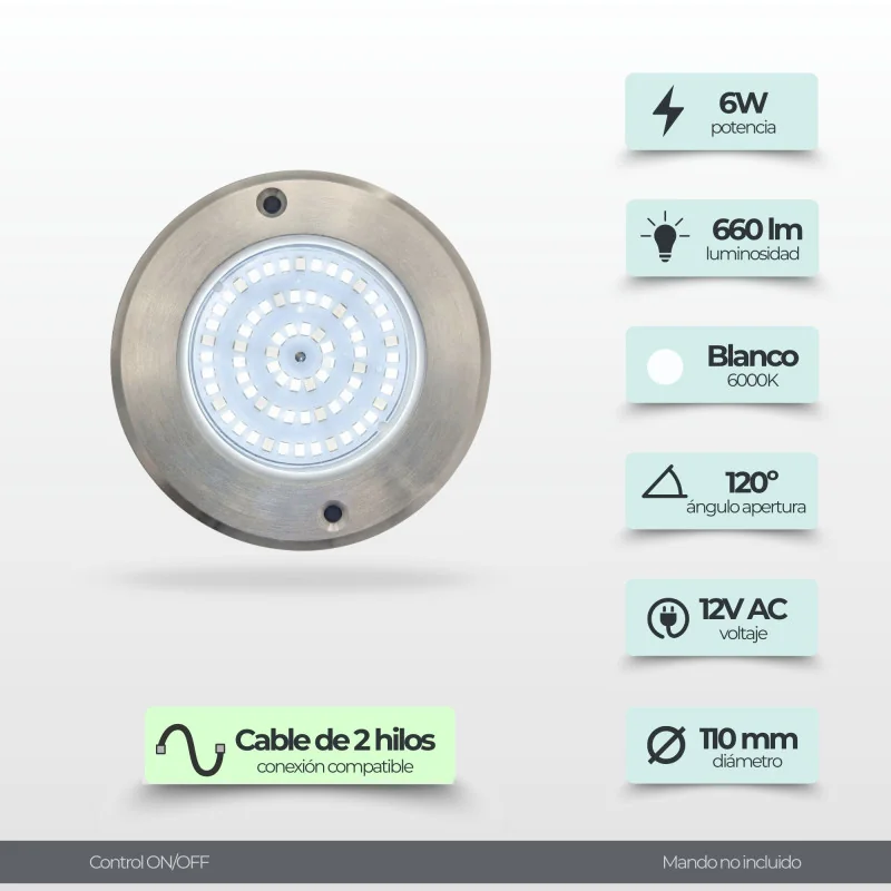 Projetor LED branco frio em aço inoxidável para piscina Ø11CM 6W