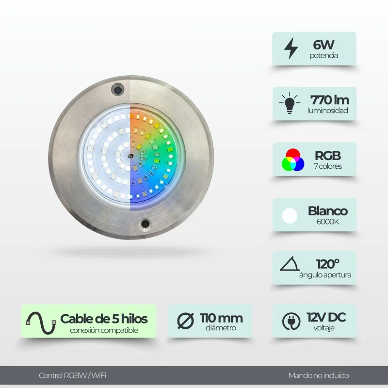 Mini Foco LED para Piscina de Acero RGBW con Cable 5 hilos