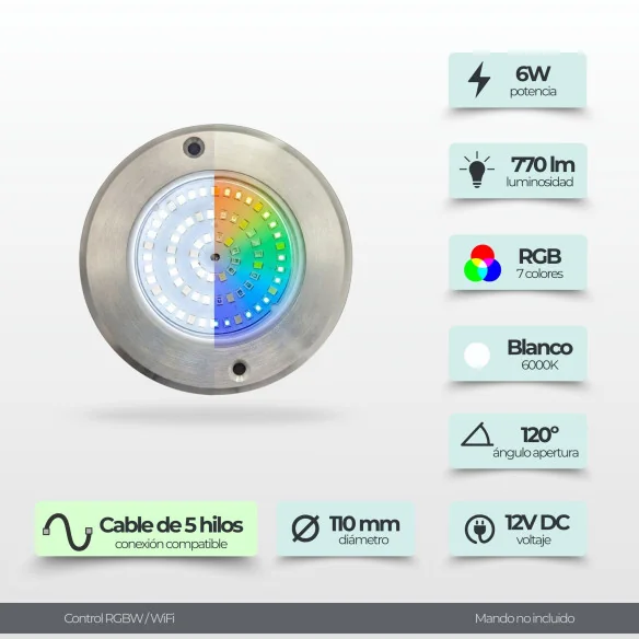 Mini Foco LED para Piscina de Acero RGBW con Cable 5 hilos