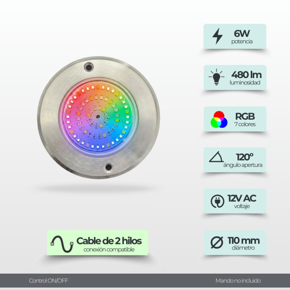 Projetor LED RGB ON/OFF Aço inoxidável | 11 Diâmetro 6W