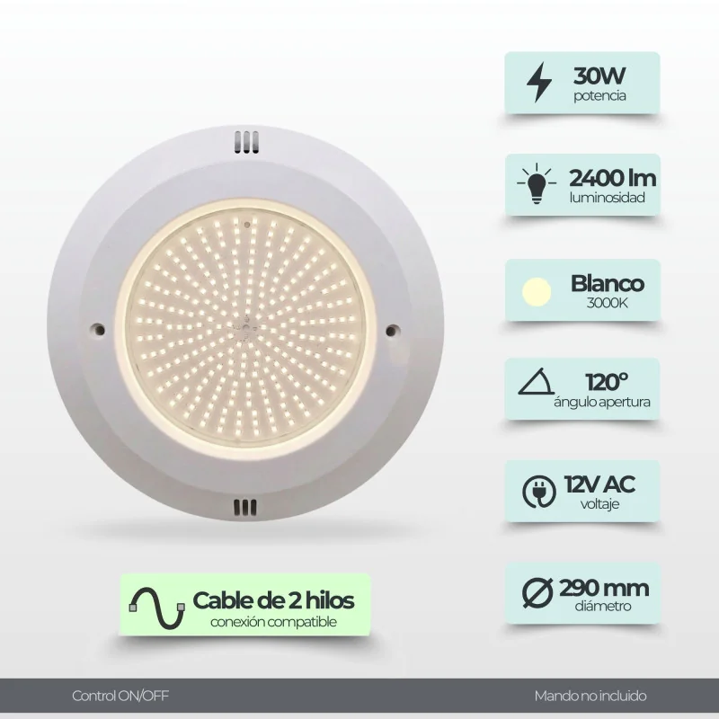 Foco LED 30W para Nicho de Piscina - Branco Quente 3000K