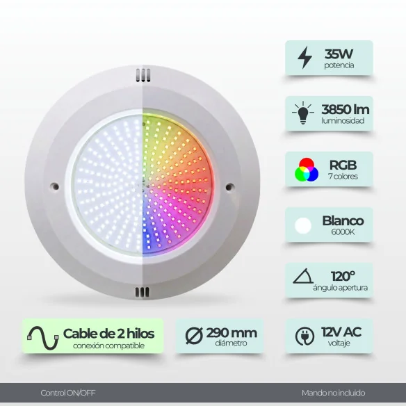 Foco LED Piscina 35W para Nicho - Branco + RGB 12V AC