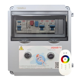 Cuadro Eléctrico Exterior con Transformador 60W para Clorador : Bomba de agua - 1 - 2 CV (6 - 10A), Controlador incluido cuadro - WiFi (LED Blanco y RGB), Etiquetado - Swimhome