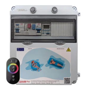 Cuadro Eléctrico con Transformador 12V DC 150W para Piscina : Transformador - 150W 12V DC, Bomba de agua - Hasta 0,5 CV (2,5 - 4A), Controlador incluido cuadro - LED RGB (RGB cable 4 hilos)