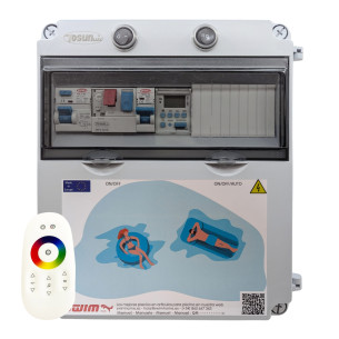 Cuadro Eléctrico con Transformador 12V DC 150W para Piscina : Transformador - 150W 12V DC, Bomba de agua - Hasta 0,5 CV (2,5 - 4A), Controlador incluido cuadro - WiFi (LED Blanco y RGB)