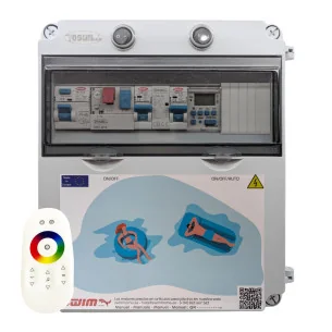 Panneau électrique pour piscine avec alimentation du chlorinateur 12V DC : Transformateur - 150W 12V DC, Pompe à eau - 0,5 - 1 HP (4 - 6,3A), Contrôleur avec boîte - WiFi (LED blanches et RGB), Tagué - Swimhome