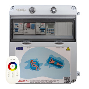 Cuadro Eléctrico Exterior Piscina con Fuente de Alimentación y Contactor : Transformador - 150W 12V DC, Bomba de agua - Hasta 0,5 CV (2,5 - 4A), Controlador incluido cuadro - WiFi (LED Blanco y RGB), Etiquetado - Swimhome