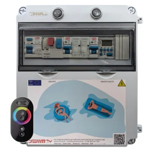Cuadro Eléctrico Piscina con Transformador, Contactor para Motor y Clorador : Transformador - 150W 12V DC, Bomba de agua - Hasta 0,5 CV (2,5 - 4A), Controlador incluido cuadro - LED RGB (RGB cable 4 hilos), Etiquetado - Swimhome