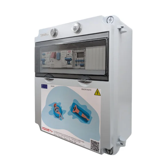 Quadro de distribuição da piscina com transformador e contactor de motor