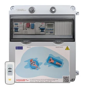 Cuadro Eléctrico para Piscina con Transformador y Contactor para Motor : Transformador - 100W 12V/AC, Bomba de agua - Hasta 0,5 CV (2,5 - 4A), Controlador incluido cuadro - Sí, Etiquetado - Swimhome