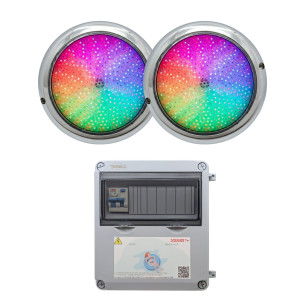 Pack 2 Focos LED Ø15cm RGB 10W de Acero Inoxidable + Transformador 100W 12AC