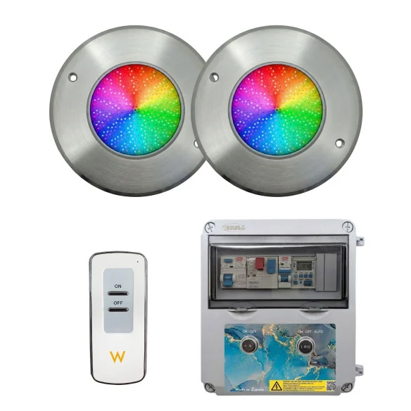 Pack 2 Focos LED RGB ON/OFF Acero 10W 12V AC con Cuadro Eléctrico
