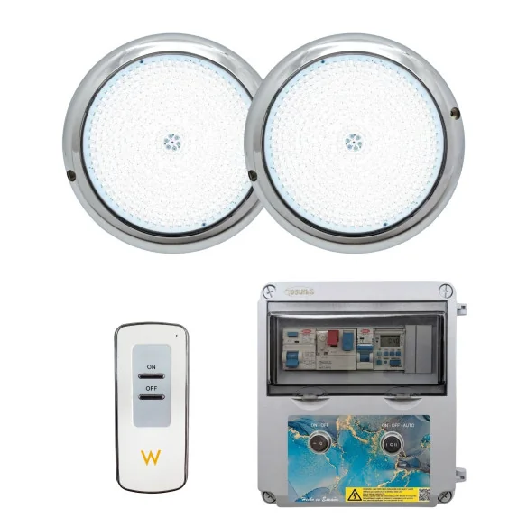 Pack 2 Focos LED Blanco ON/OFF Acero 15W 12V AC con Cuadro Eléctrico