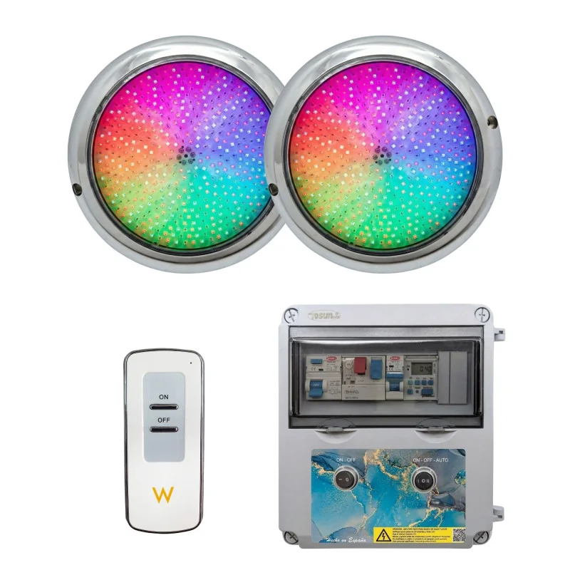 Pack 2 Focos LED RGB ON/OFF Acero 10W 12V AC con Cuadro Eléctrico