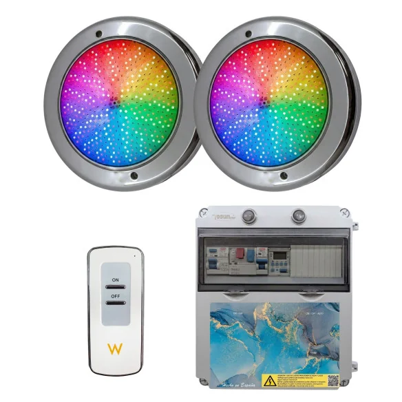 Pack 2 Focos LED RGB ON/OFF Acero 35W 12V AC con Cuadro Eléctrico