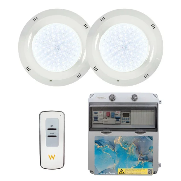 Pacote de poupança: 2 projectores de piscina LED brancos 6000K 35W + Painel eléctrico completo