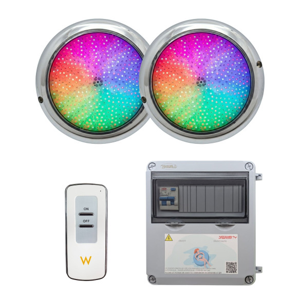 Pack 2 Focos LED Ø15cm RGB 10W de Acero Inoxidable + Controlador ON/OFF + Transformador 100W 12AC