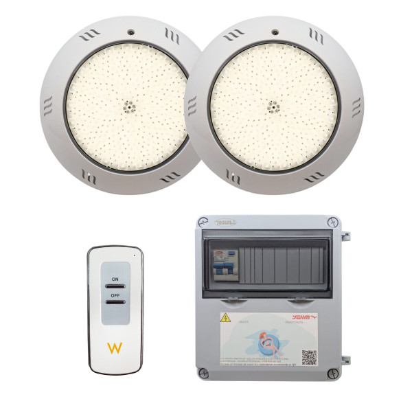 2 projectores LED brancos com transformador e controlo remoto para piscina