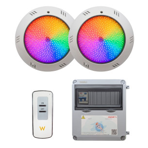 2 projectores LED brancos com transformador e controlo remoto para piscina