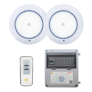 2 projectores LED brancos com transformador e controlo remoto para piscina
