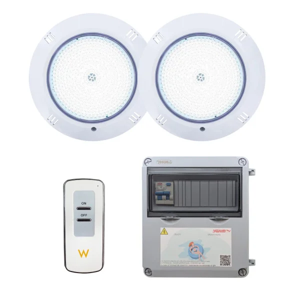 2 projectores LED brancos com transformador e controlo remoto para piscina