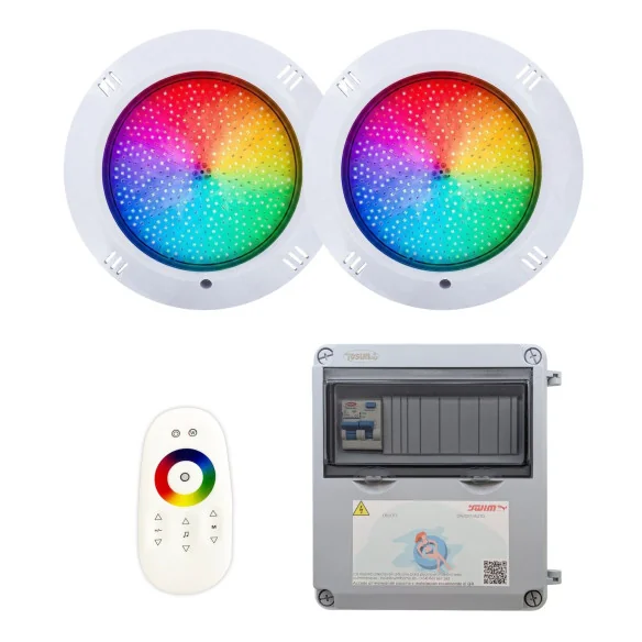 2 spots LED blancs avec transformateur et télécommande pour piscine