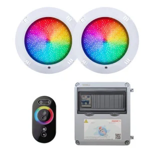 2 projectores LED brancos com transformador e controlo remoto para piscina