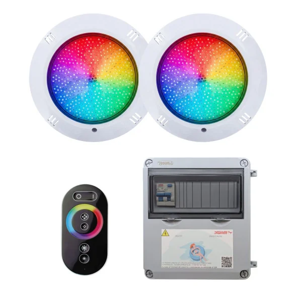 2 projectores LED brancos com transformador e controlo remoto para piscina