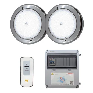 2 spots LED blancs avec transformateur et télécommande pour piscine