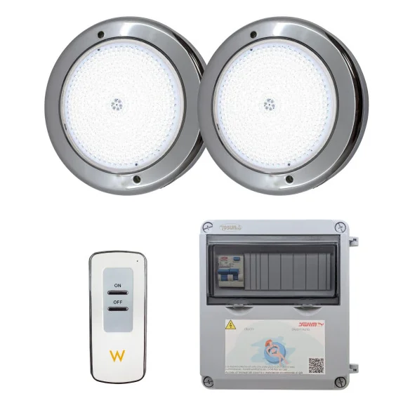 2 projectores LED brancos com transformador e controlo remoto para piscina