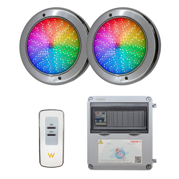 2 projectores LED brancos com transformador e controlo remoto para piscina