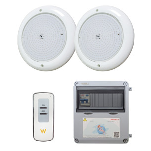 2 projectores LED brancos com transformador e controlo remoto para piscina