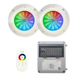 Pack Poupança 2 projectores LED RGB 4 fios + Controlo remoto + Transformador