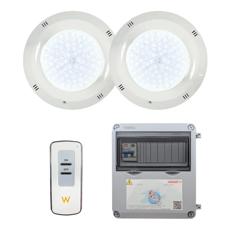 Pacote de poupança: 2 holofotes de piscina 35W brancos quentes LED + transformador + controlo remoto