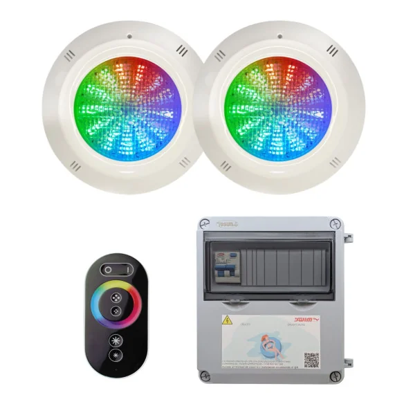 Pack poupança 2 projectores LED RGB 4 fios + Controlo remoto + Transformador