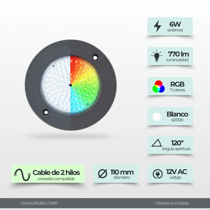 Foco LED Piscina Superfície 6W 12V AC | Branco + RGB