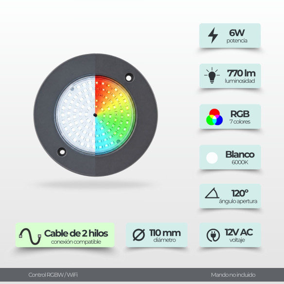 Mini Foco LED para Piscina de Acero RGBW con Cable 2 hilos