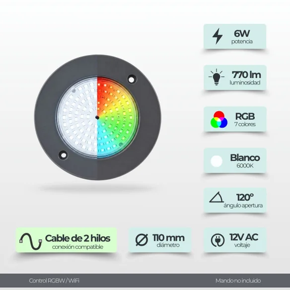 Foco LED Piscina Superfície 6W 12V AC | Branco + RGB