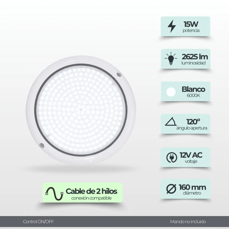 Foco LED Piscina Superficie | 15W 12V AC | Blanco Frío 6000K ON/OFF | Gama Premium White