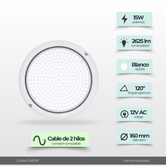 Surface-Mounted LED Pool Light | 15W 12V AC | Cool White 6000K ON/OFF | Premium White Range