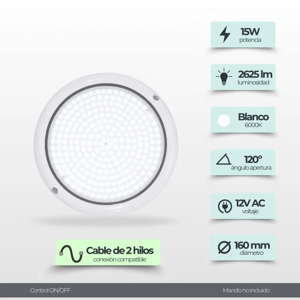 Surface-Mounted LED Pool Light | 15W 12V AC | Cool White 6000K ON/OFF | Premium White Range