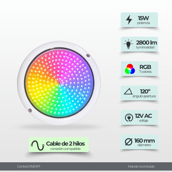 Foco LED Piscina Superficie | 15W 12V AC | RGB ON/OFF | Gama Premium White