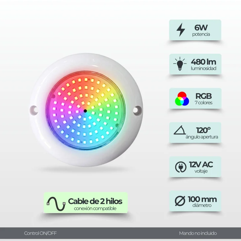 Foco LED Piscina RGB ON/OFF 12V AC Superfície | Com Memória