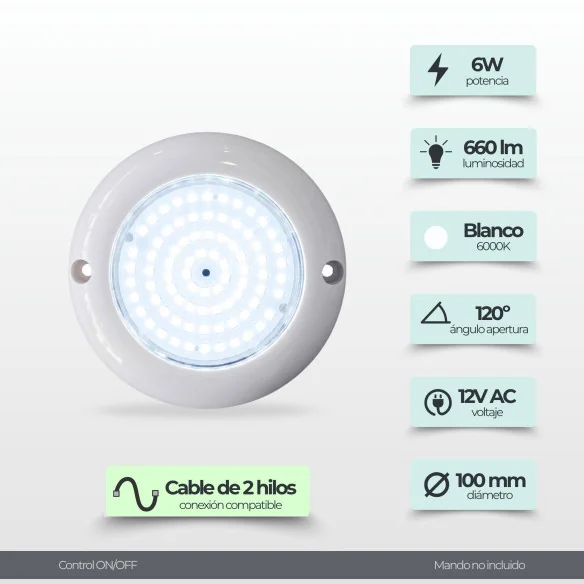 Foco Mini LED Piscina Superfície 6W 12V AC Branco Frio 6000K